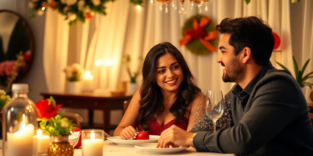 Couple dining in a romantic setting with warm lighting.