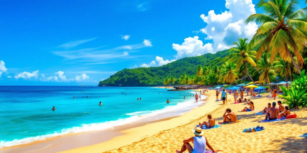 Vibrant beach scene in Brazil with tourists and palm trees.