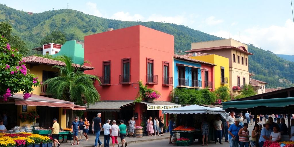 Colorful street scene in Colombia with vibrant buildings and greenery.