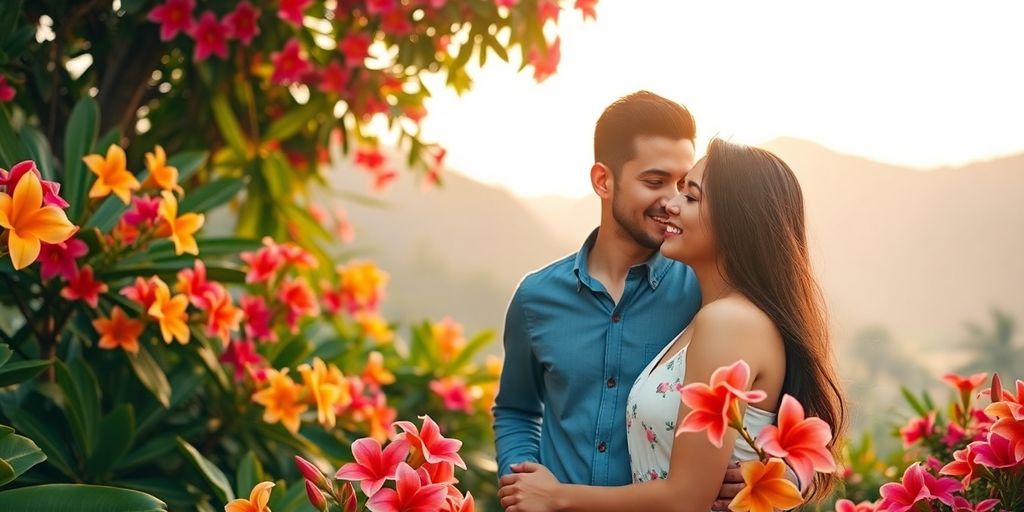 Couple enjoying romantic moment in tropical setting.