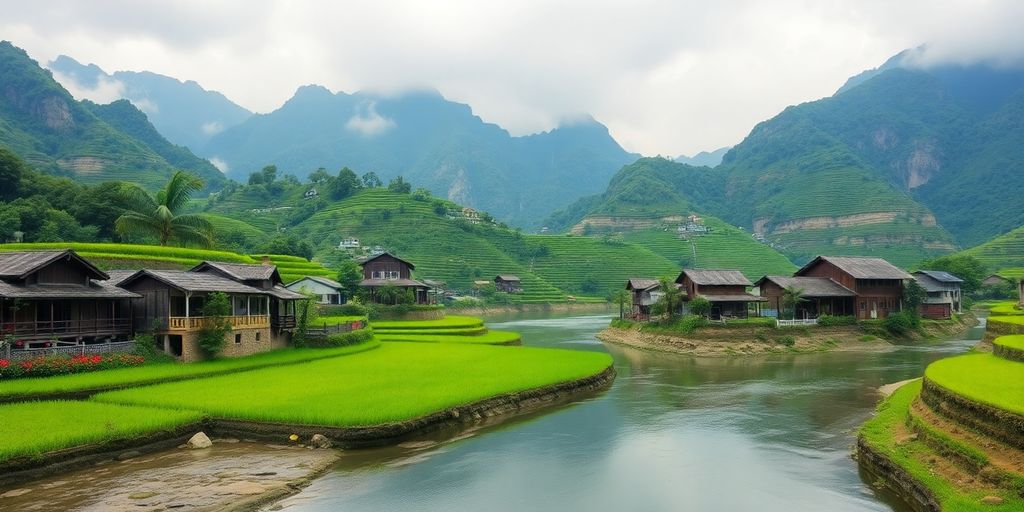 Lush green rice terraces and tranquil river in Asia.