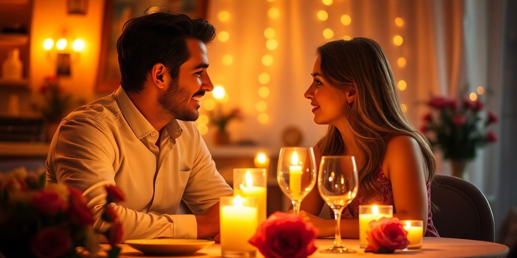 Couple dining romantically in a softly lit setting.