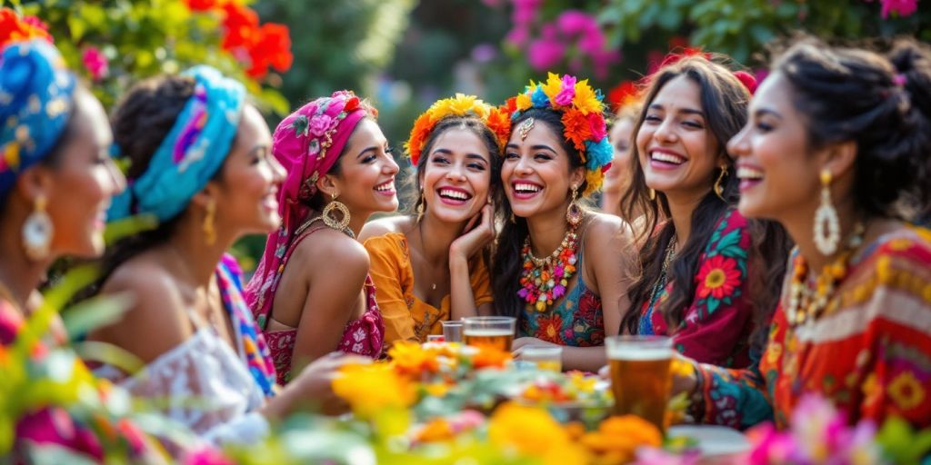 Diverse South American women in colorful attire at gathering.