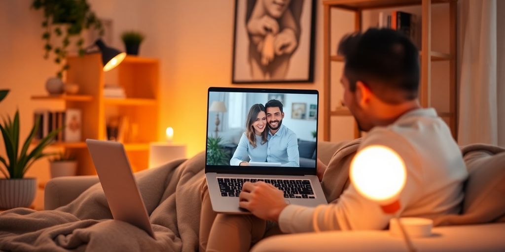 Couple on video call in a cozy home setting.