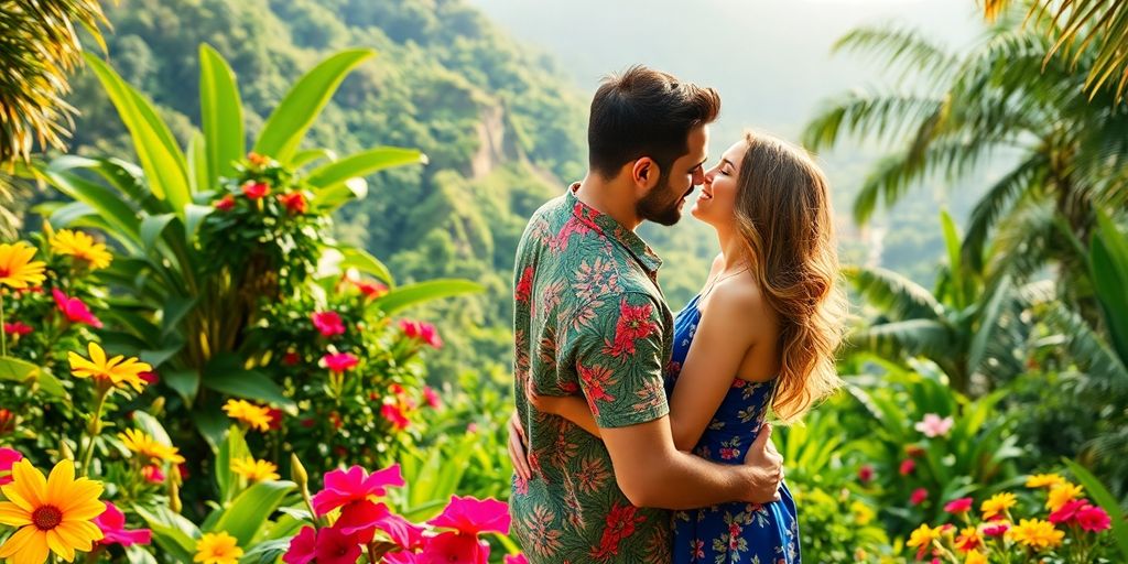 Couple in a romantic embrace in a Brazilian landscape.