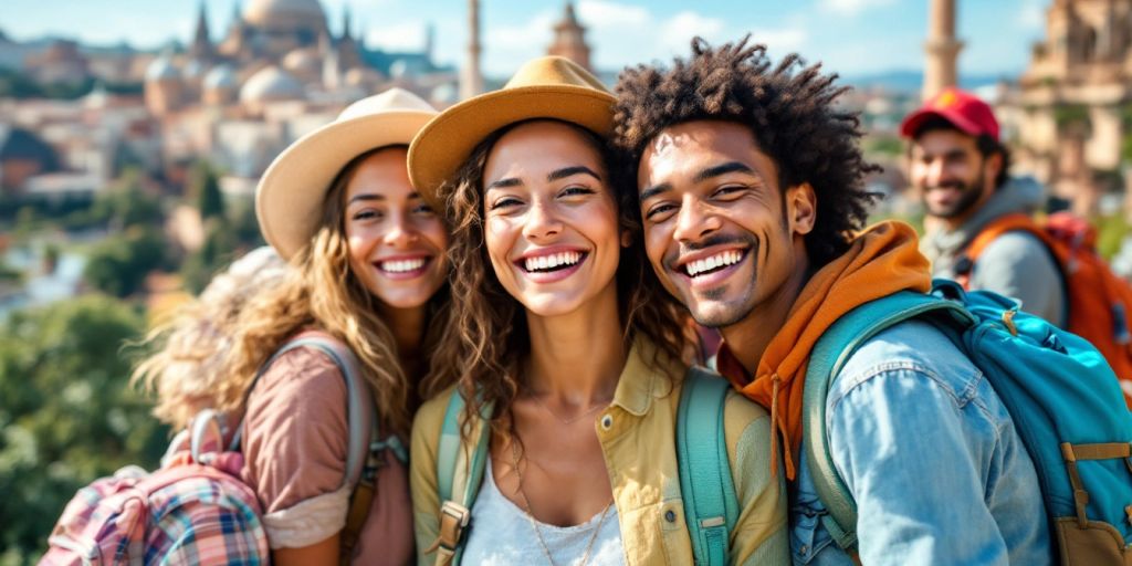 Group of travelers enjoying iconic landmarks around the world.