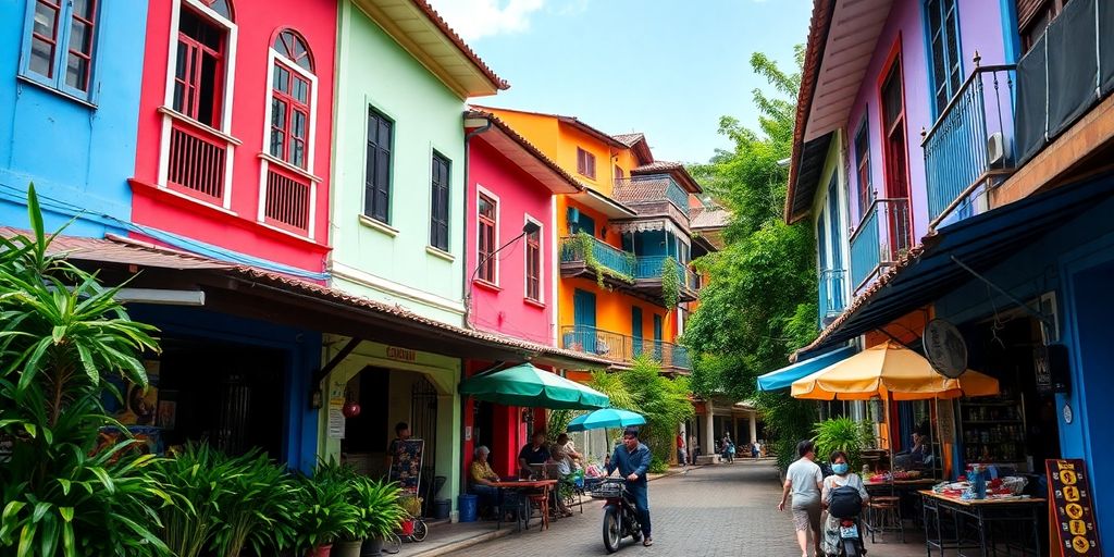 Colorful Colombian street with local vendors and greenery.