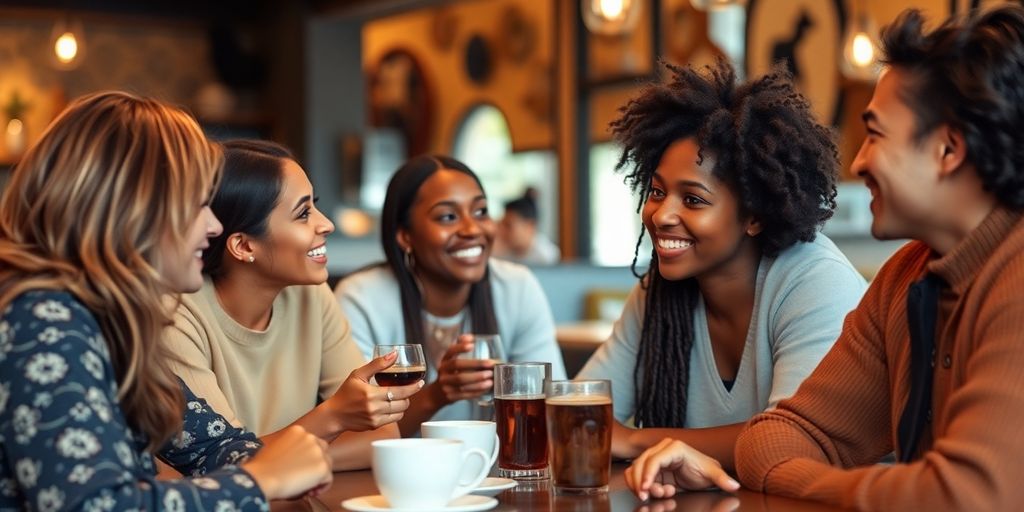 People chatting in a cozy coffee shop setting.