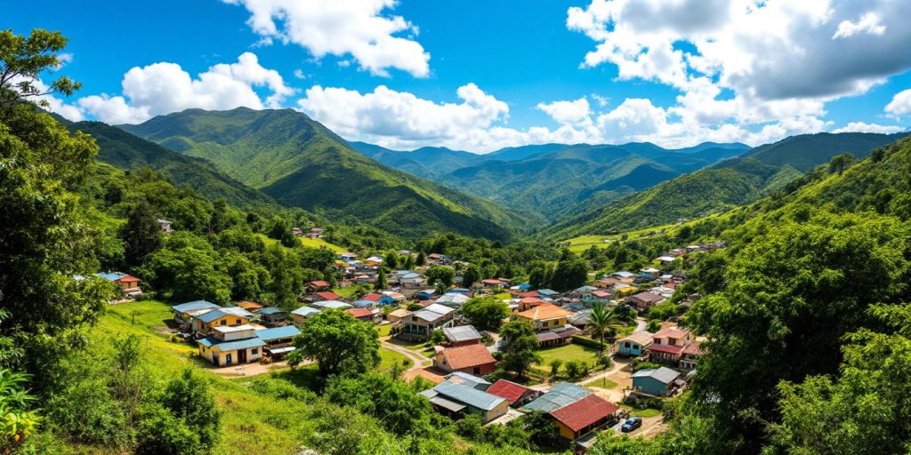 Colorful Colombian landscape with mountains and houses.