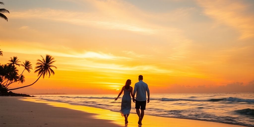 Couple walking on a beach at sunset in the Philippines.