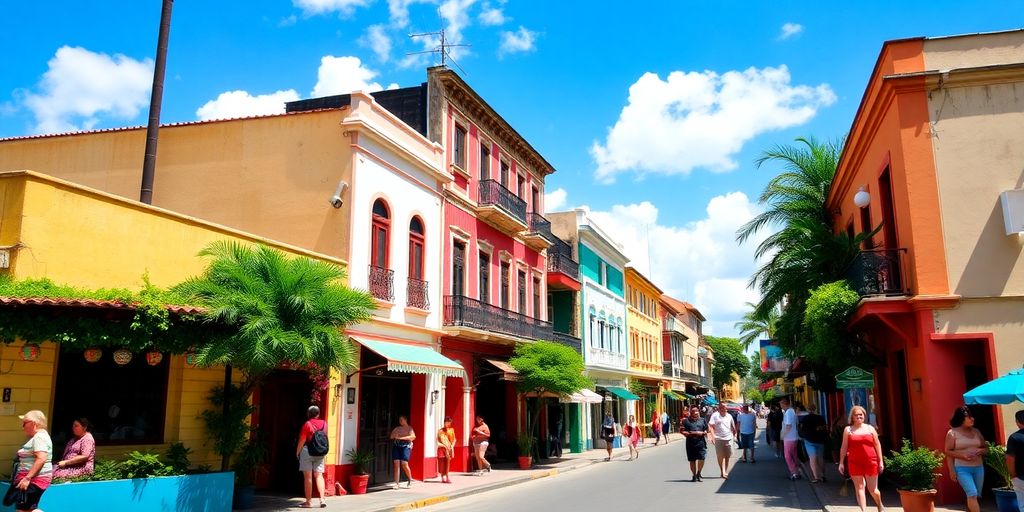 Colorful Puerto Rican street with locals and greenery.