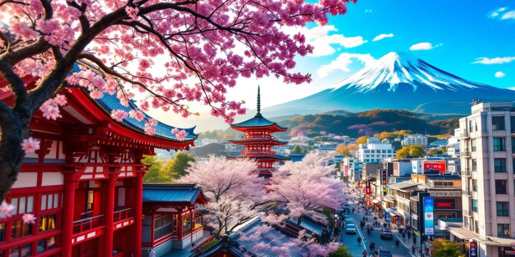 Cherry blossoms and traditional temples in Japan.