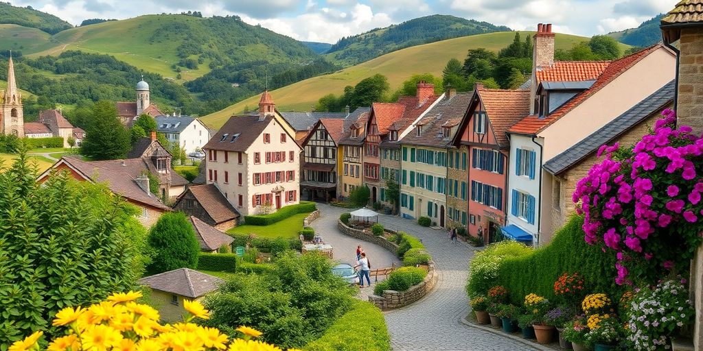 Charming European village with colorful houses and greenery.