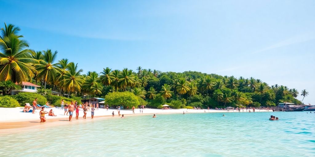 Tropical beach in the Philippines with clear waters and palm trees.