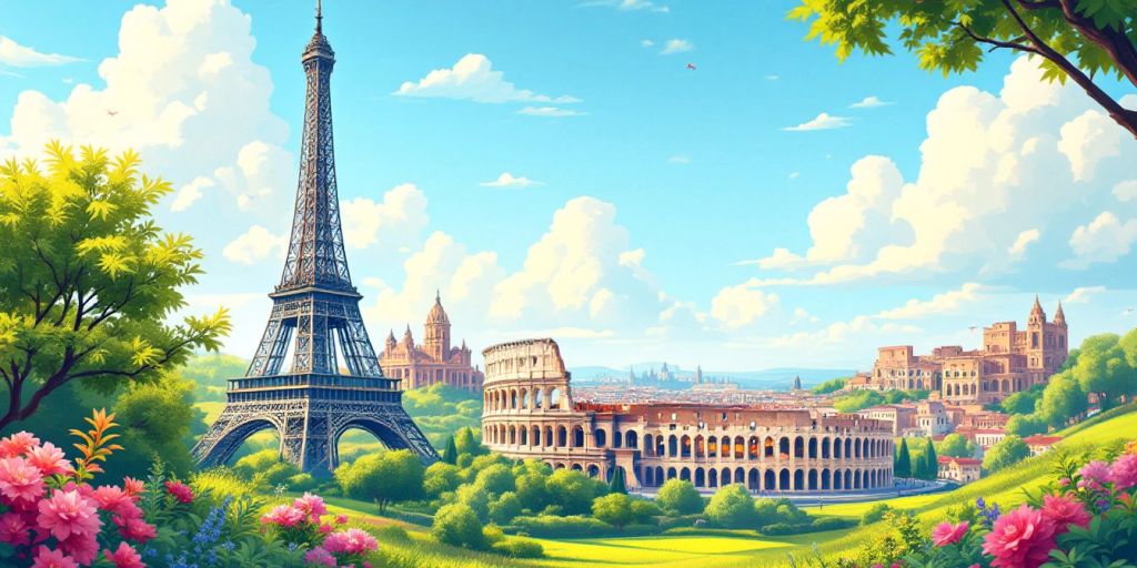 European landmarks including Eiffel Tower and Colosseum.