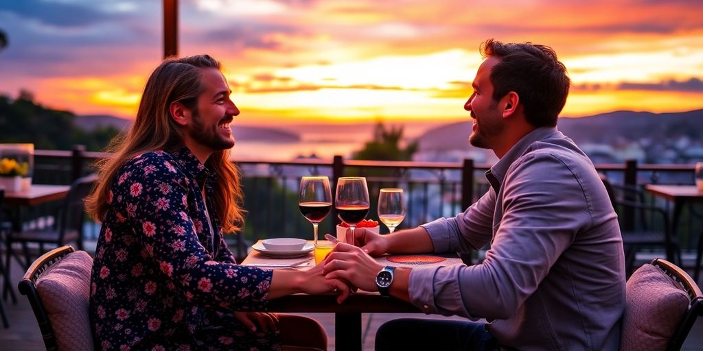 Couple enjoying a romantic dinner outdoors during sunset.