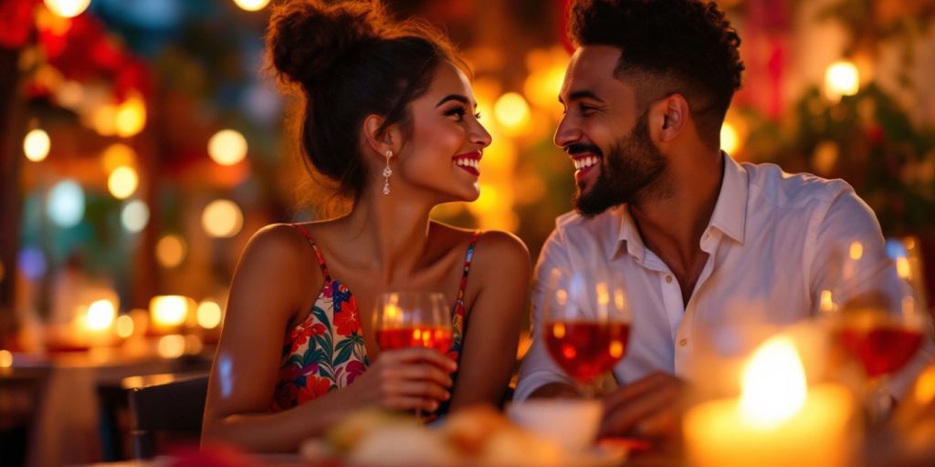 Couple enjoying a romantic dinner together.