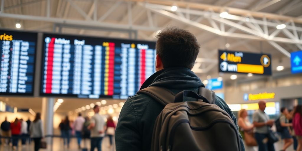 Traveler at airport terminal ready for international journey.