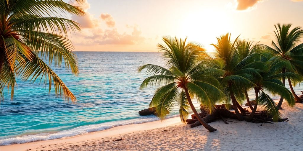 Tropical beach in the Dominican Republic at sunset.