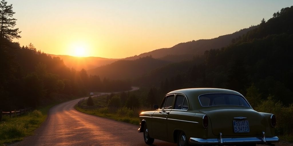 Winding road through forests with a vintage car.