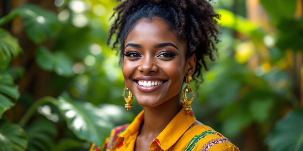 Smiling Brazilian woman in colorful attire among tropical plants.