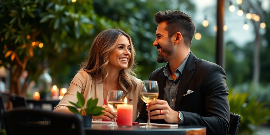 Couple enjoying a romantic dinner in a cozy setting.