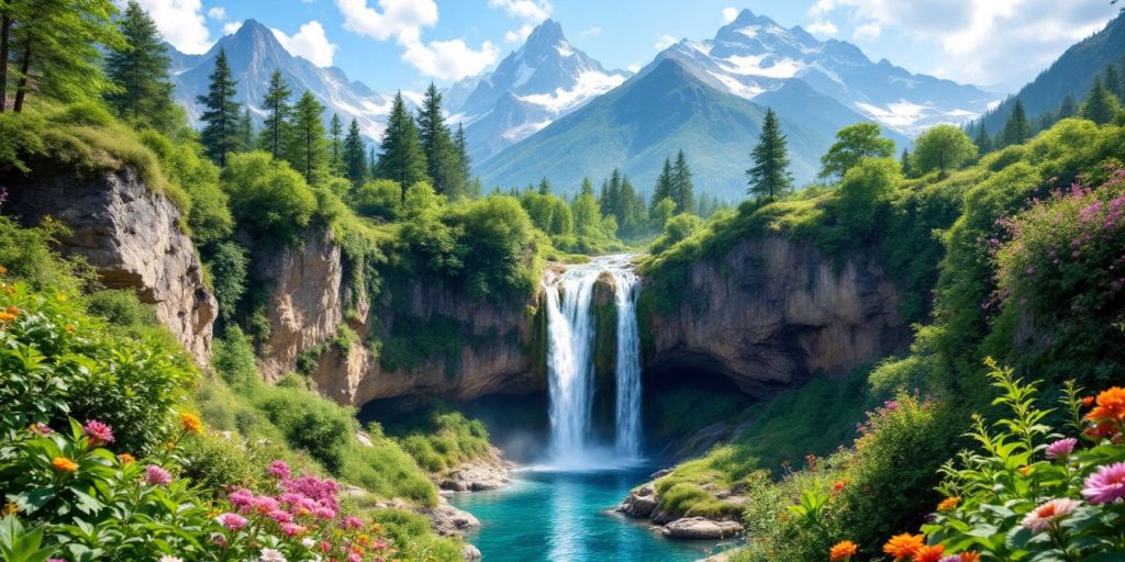 Hidden waterfall in lush greenery and mountains.