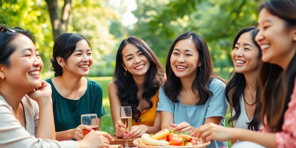 Group of Asian women laughing in a sunny park.