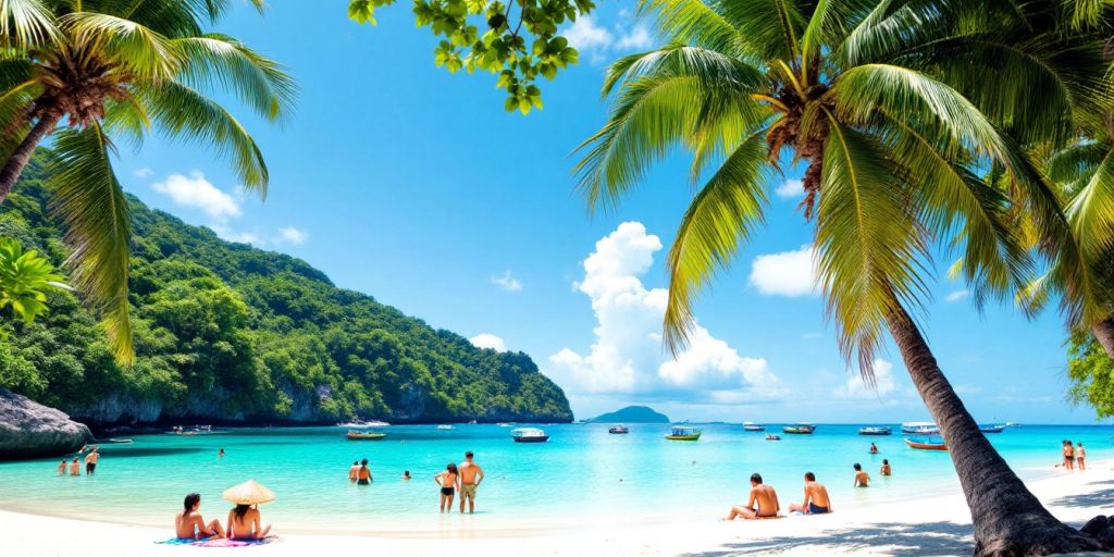 Tropical beach in the Philippines with palm trees and boats.