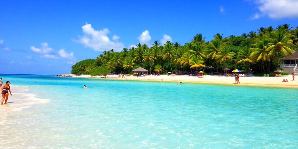 Tropical beach in the Dominican Republic with palm trees.