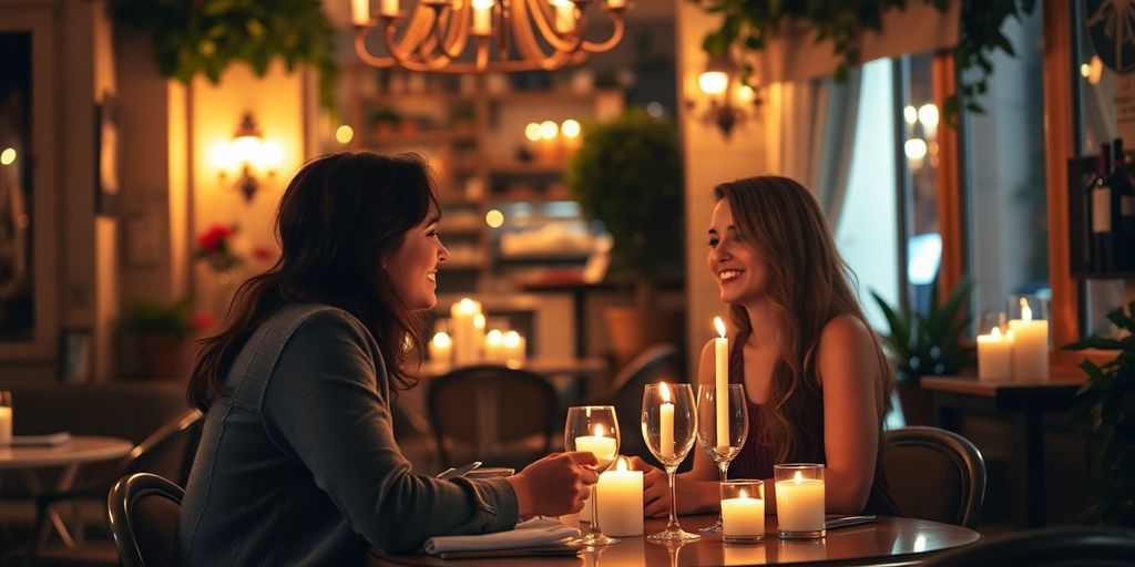 Couple enjoying a romantic dinner in a European café.