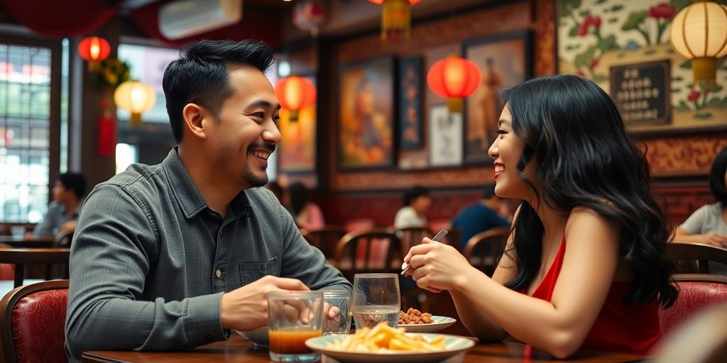 Couple sharing a meal in an Asian restaurant.