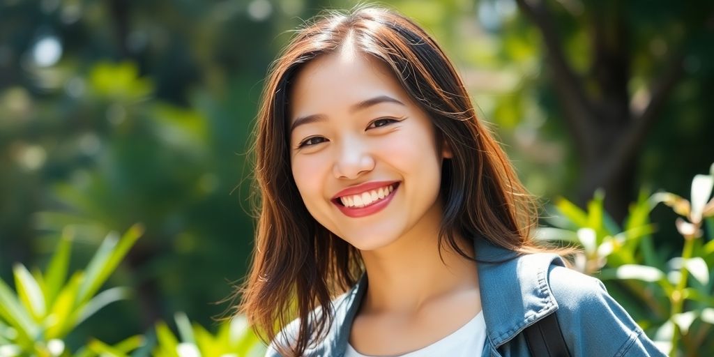 Smiling Asian woman in casual outfit outdoors.