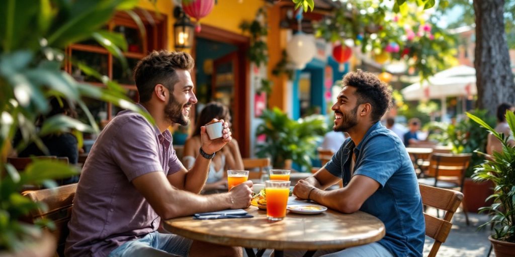 Couple at a café in Brazil, enjoying the vibrant atmosphere.