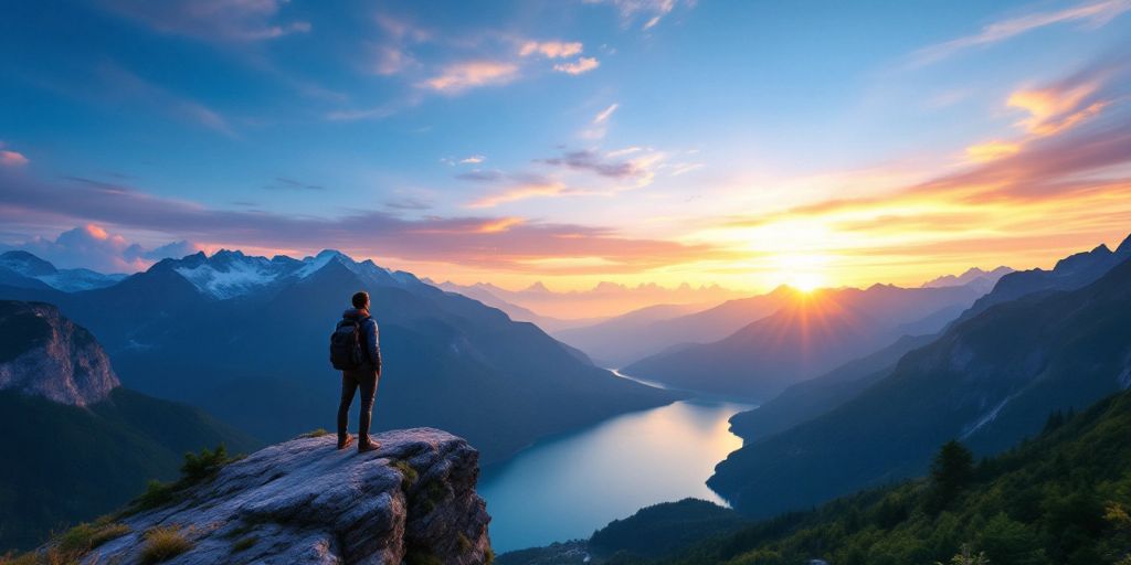 Traveler overlooking a stunning mountain lake at sunset.