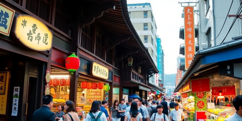 Vibrant street scene in South Korea with traditional architecture.