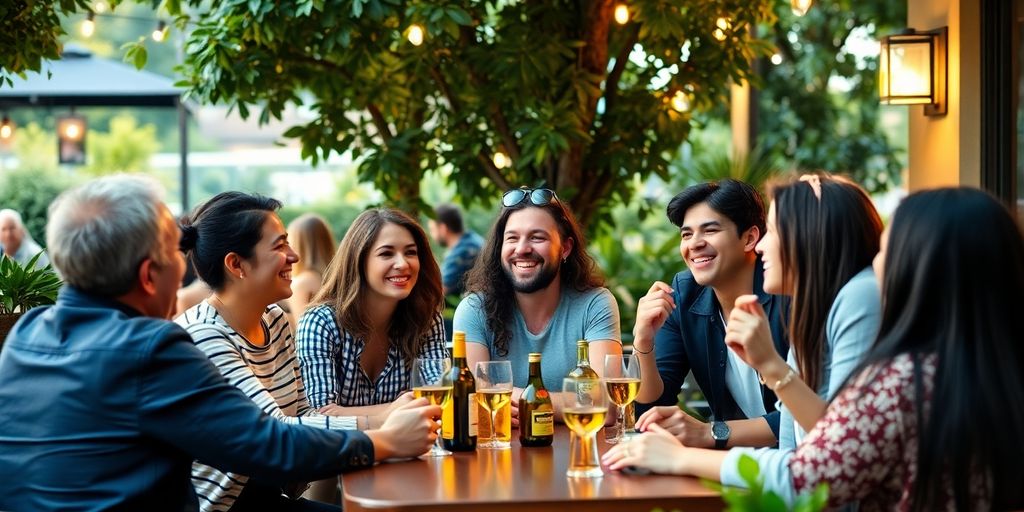 Diverse singles laughing and connecting at a café.