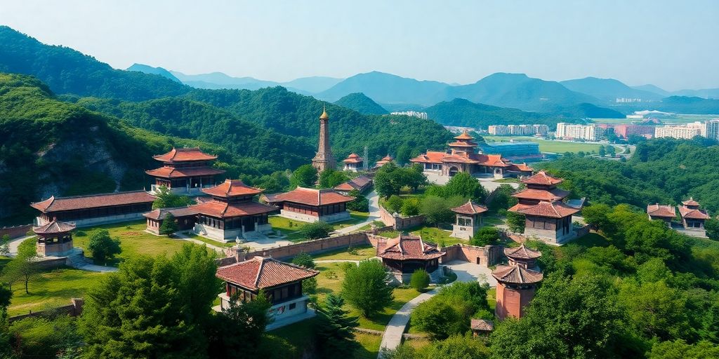 Scenic view of North Korea's landscapes and architecture.