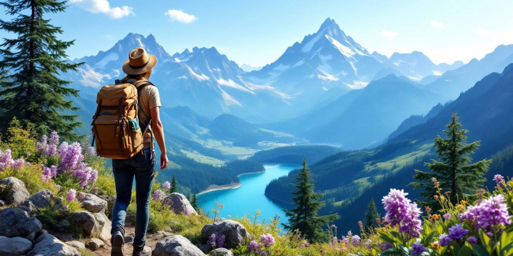 Traveler with backpack in stunning mountain landscape.