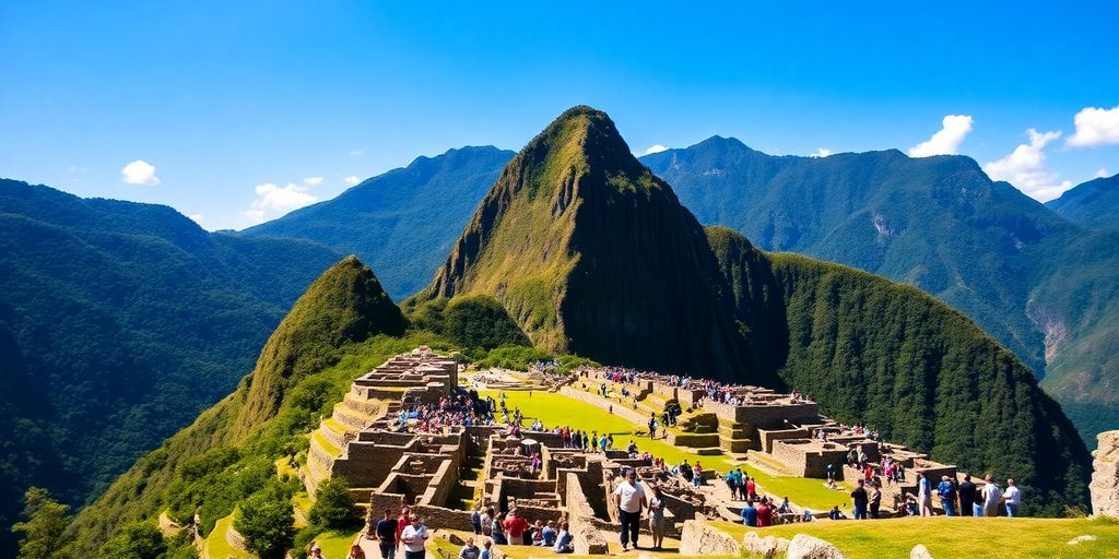 Tourists at Machu Picchu with stunning mountain backdrop.