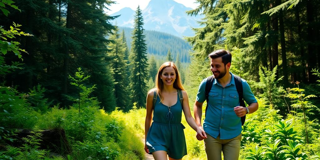 Couple hiking in a forest, enjoying their adventure together.