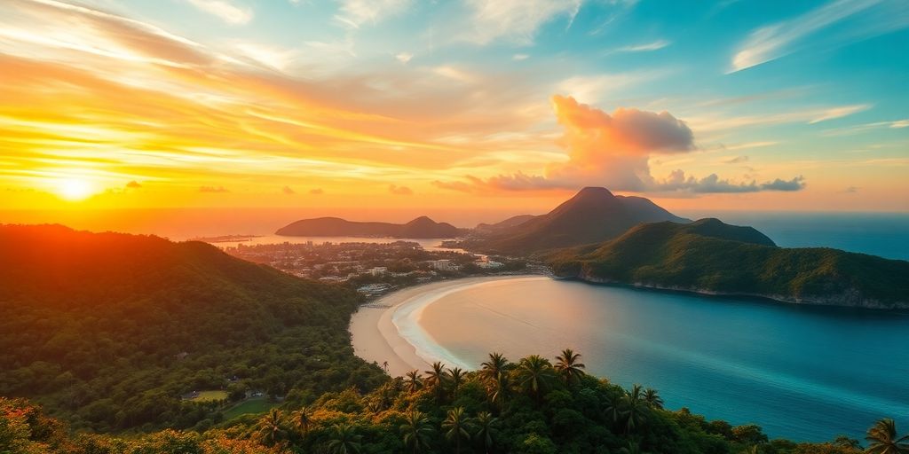 Tropical landscape of the Philippines with beaches and hills.