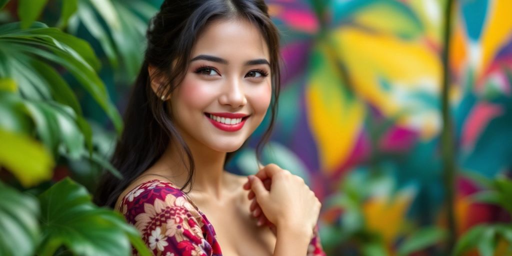 Smiling Filipina woman in traditional attire among tropical plants.