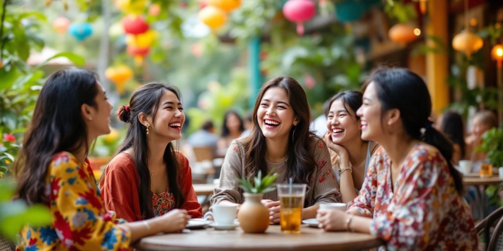 Group of Asian women laughing at a café.