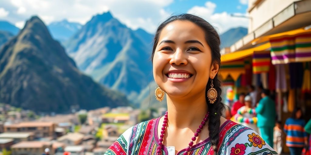 Smiling Peruvian woman in traditional attire against mountains.