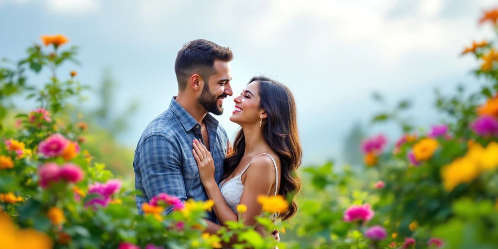 Happy couple enjoying a romantic moment in nature.