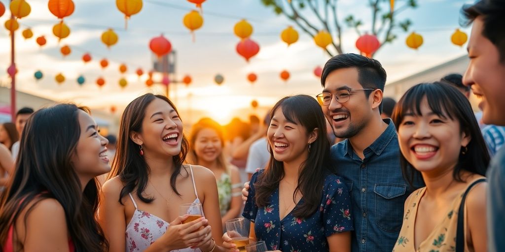 Diverse singles socializing at an outdoor dating event.