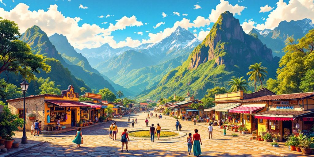 Colorful South American landscape with mountains and markets.