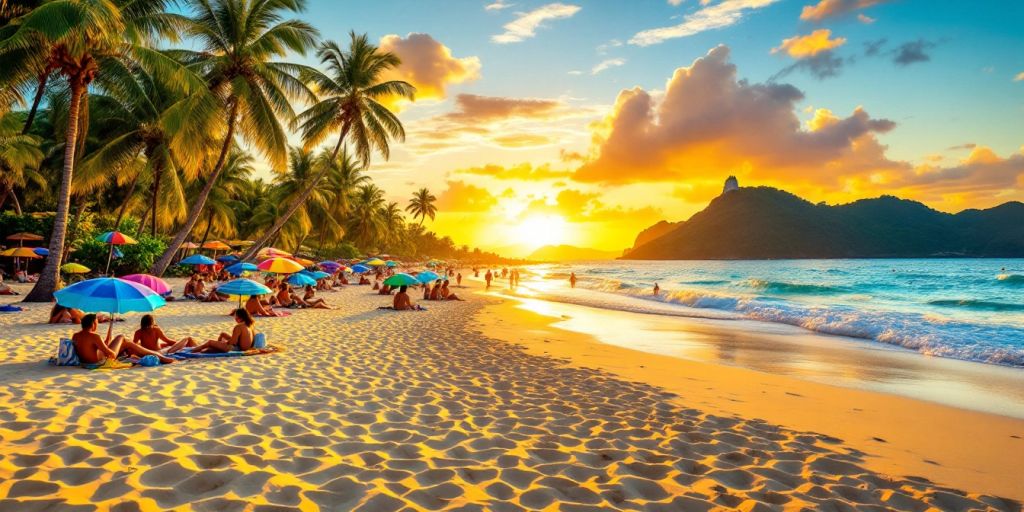 Vibrant beach scene in Brazil with palm trees and sunset.