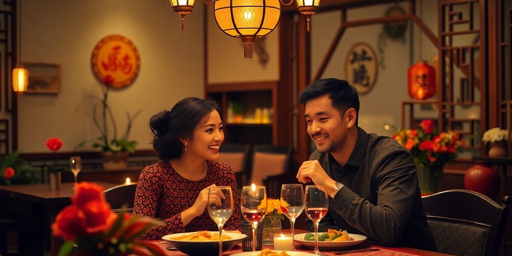 Couple dining together in a cozy Asian restaurant.